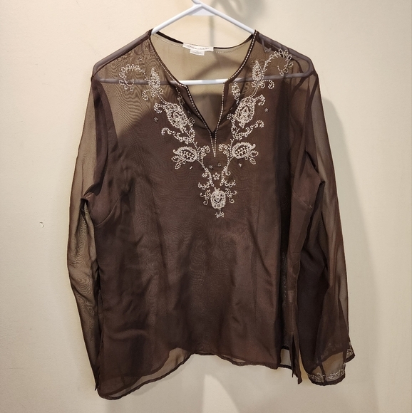 CHADWICKS women's brown tunic see though embroidered material top size 16 - Picture 3 of 10